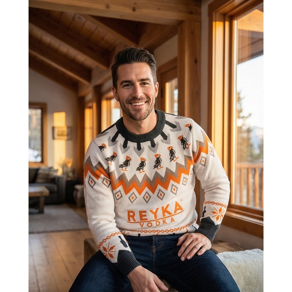 Reyka Vodka Christmas Sweater Tipsy Elves Puffin Bird Fair Isle Mens L NWT‎